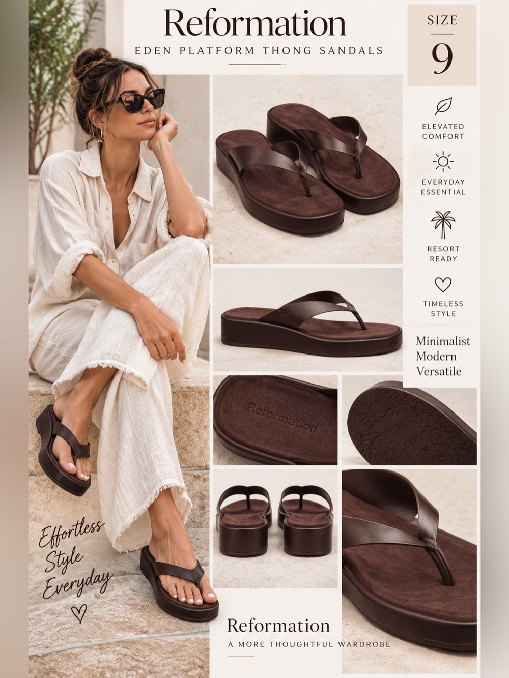Reformation Eden Platform Thong Sandals Brown Size 9 NWOT